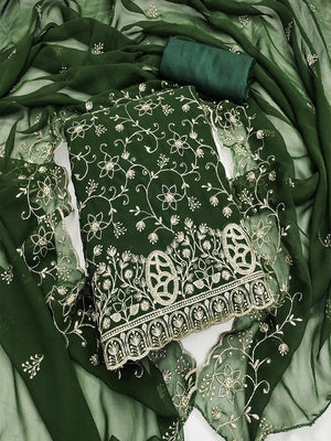 Elegant Green Floral Zari Embroidered Georgette Dress Material With Graceful Finish - Image 1