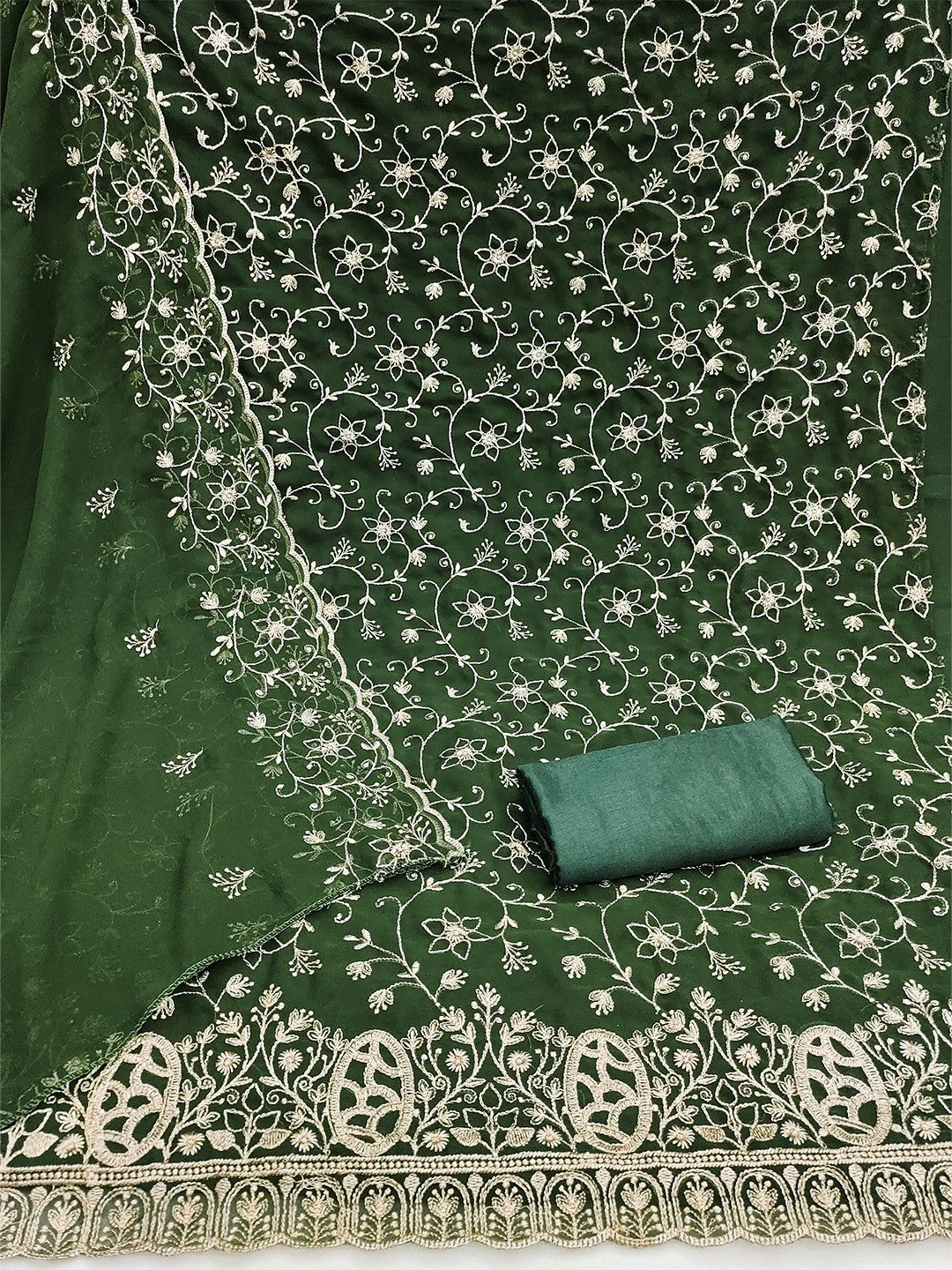 Elegant Green Floral Zari Embroidered Georgette Dress Material With Graceful Finish - Image 4