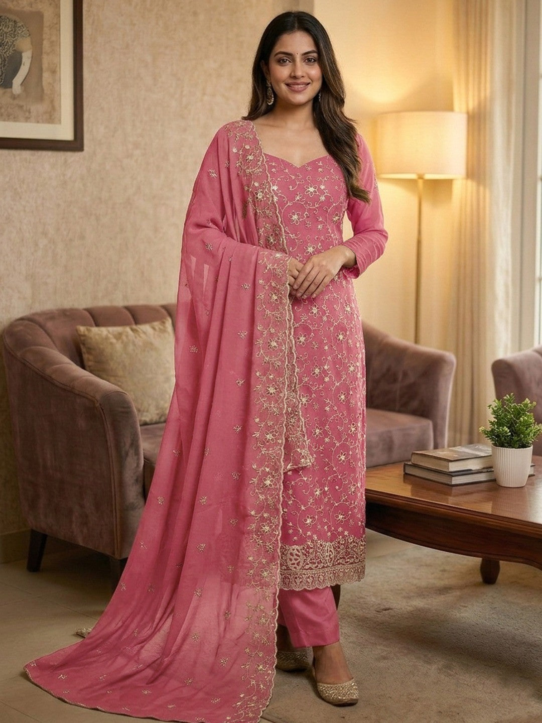 Elegant Pink Floral Zari Embroidered Georgette Dress Material With Graceful Finish - Image 1