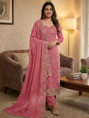 Elegant Pink Floral Zari Embroidered Georgette Dress Material With Graceful Finish - Image 1