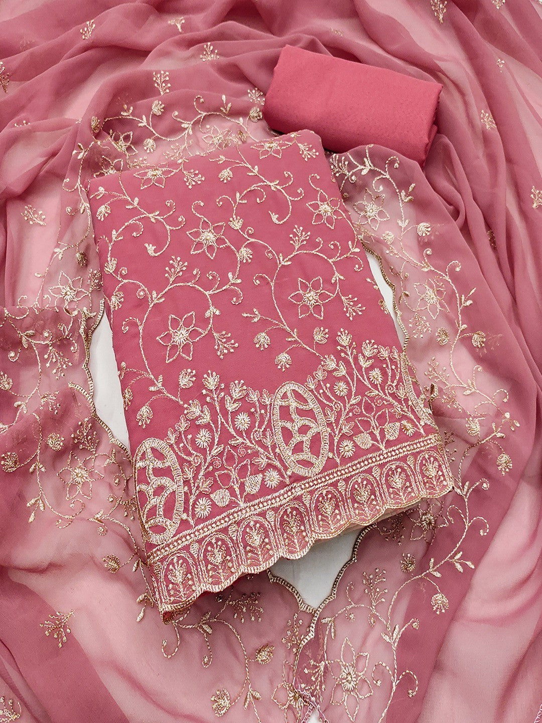 Elegant Pink Floral Zari Embroidered Georgette Dress Material With Graceful Finish - Image 4