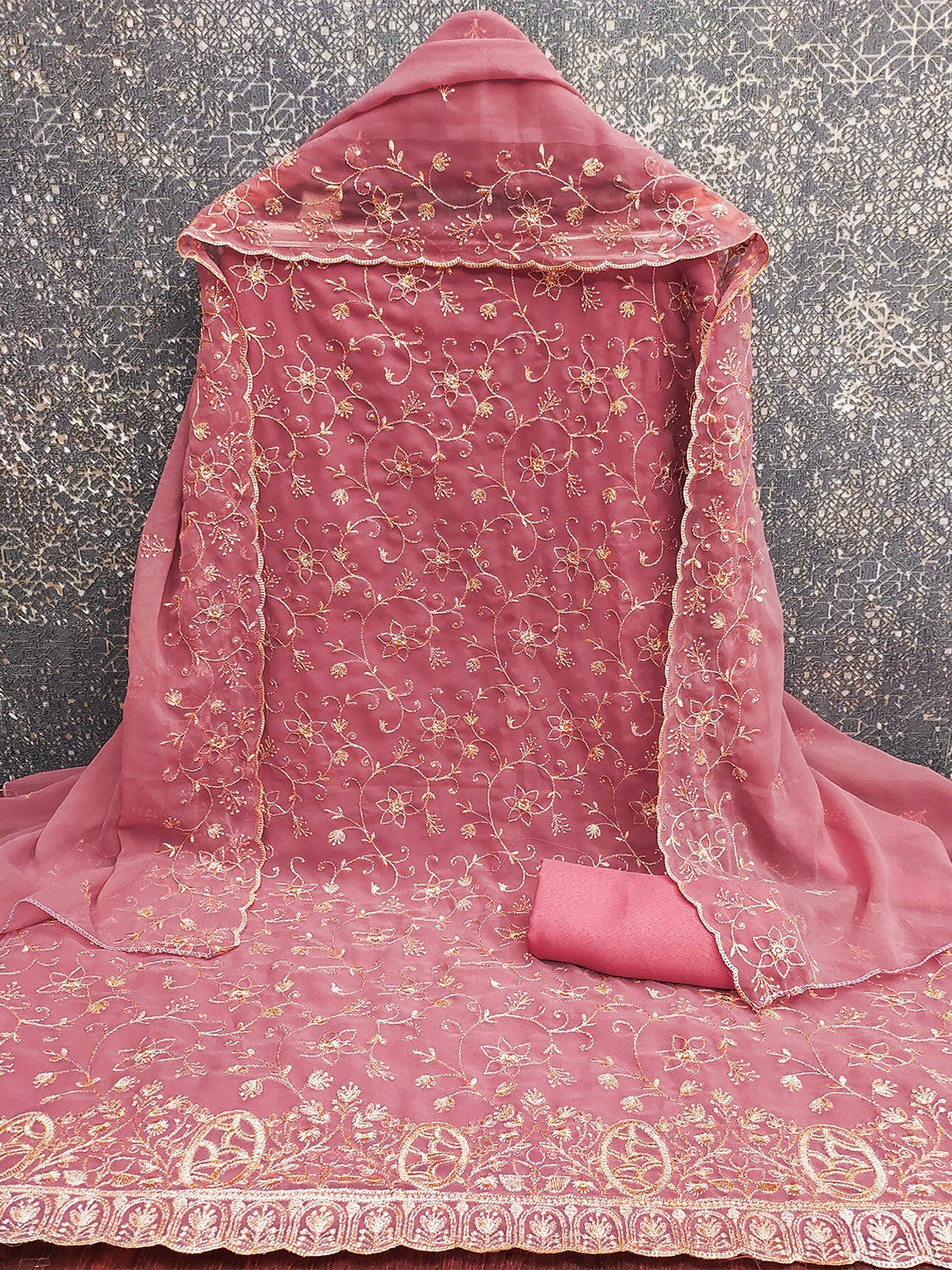Elegant Pink Floral Zari Embroidered Georgette Dress Material With Graceful Finish - Image 4