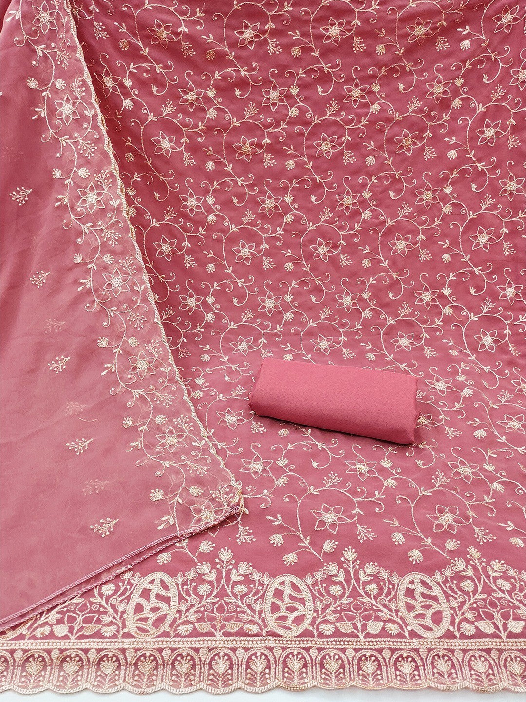 Elegant Pink Floral Zari Embroidered Georgette Dress Material With Graceful Finish - Image 2