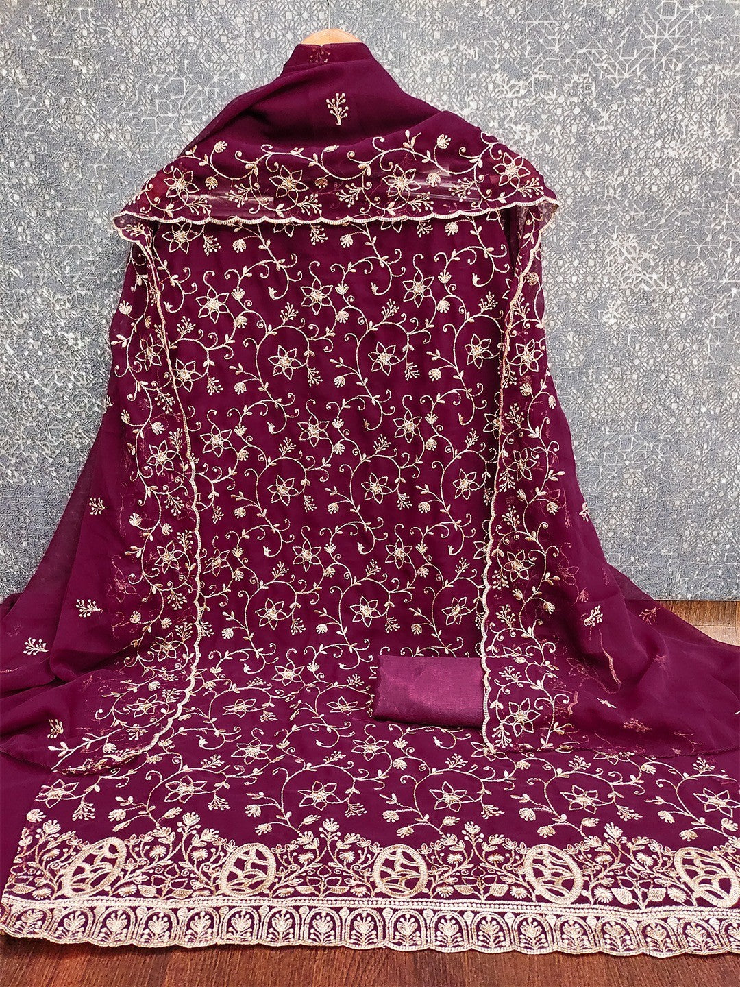 Elegant Wine Floral Zari Embroidered Georgette Dress Material With Graceful Finish - Image 4