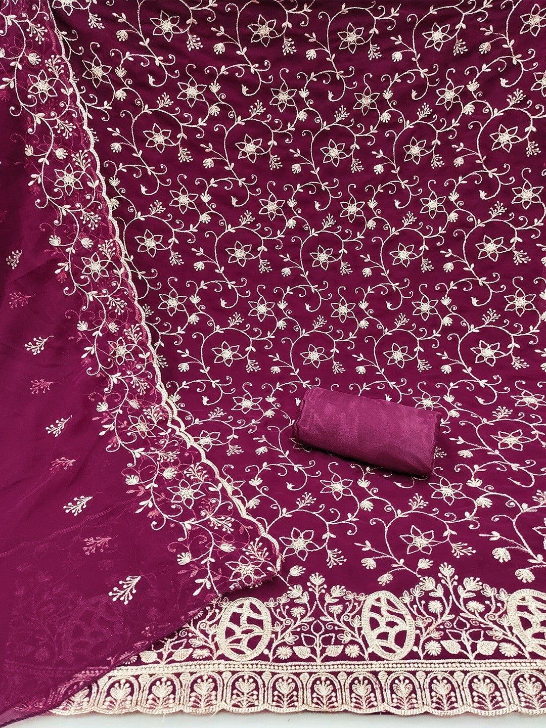 Elegant Wine Floral Zari Embroidered Georgette Dress Material With Graceful Finish - Image 3