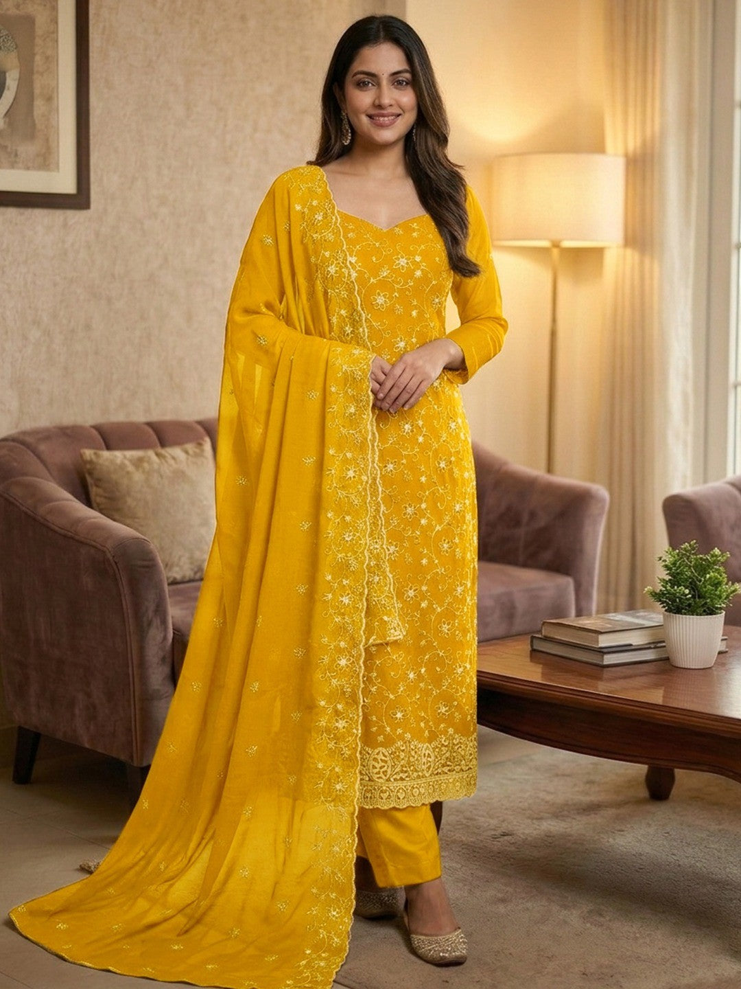 Elegant Yellow Floral Zari Embroidered Georgette Dress Material With Graceful Finish - Image 2