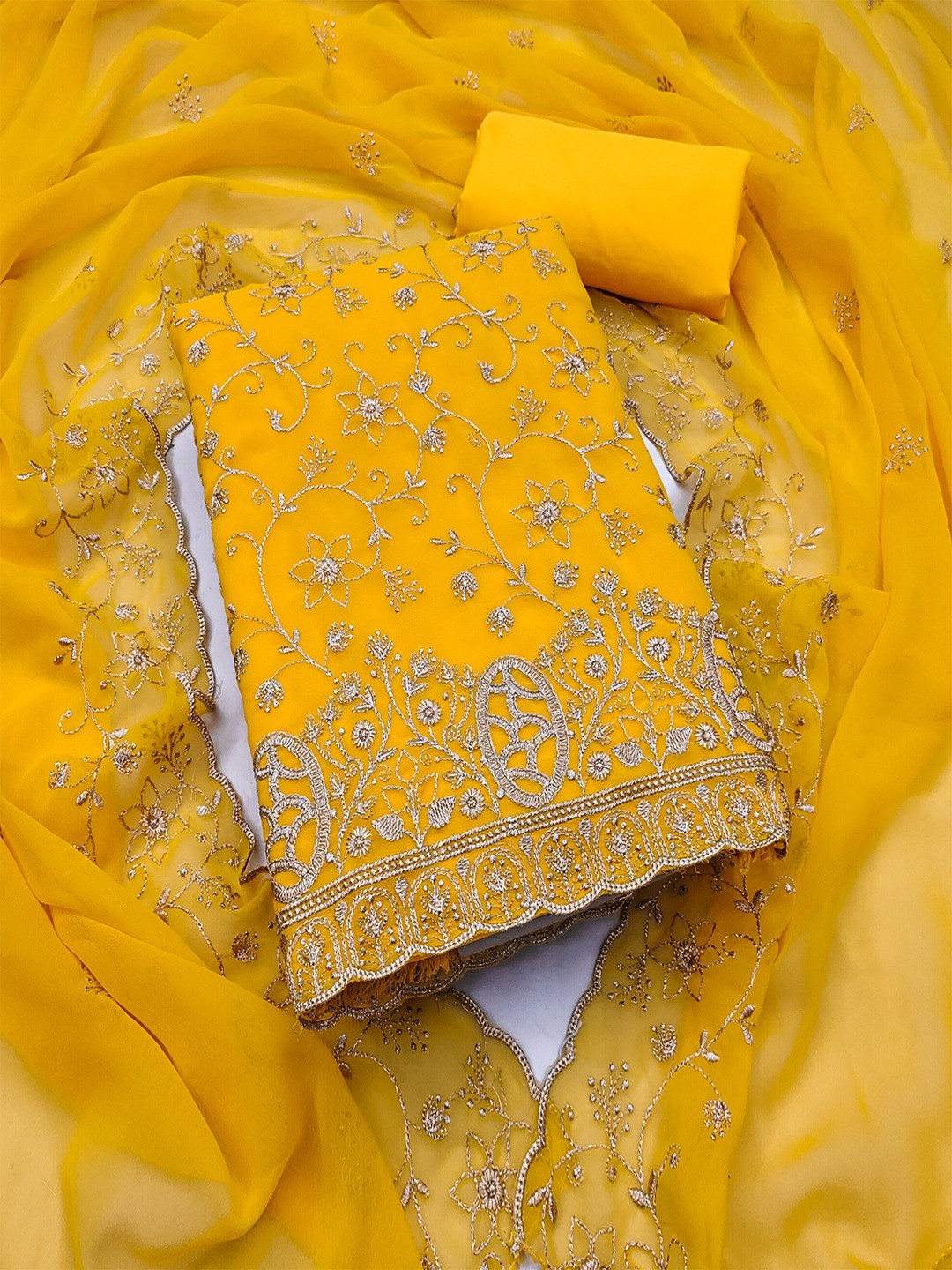 Elegant Yellow Floral Zari Embroidered Georgette Dress Material With Graceful Finish - Image 1