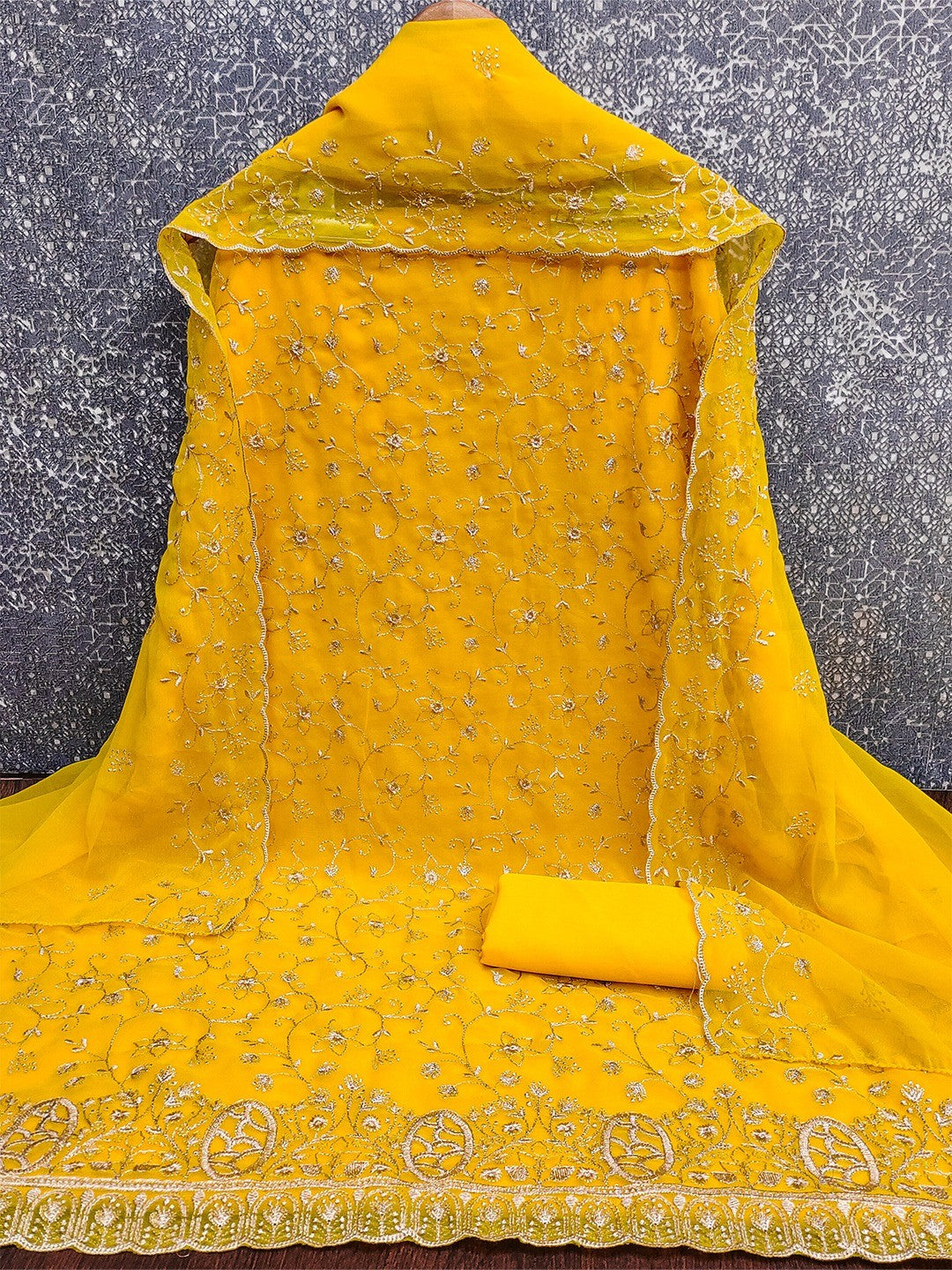 Elegant Yellow Floral Zari Embroidered Georgette Dress Material With Graceful Finish - Image 3