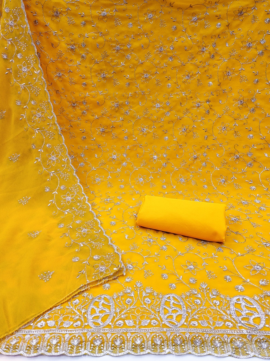 Elegant Yellow Floral Zari Embroidered Georgette Dress Material With Graceful Finish - Image 4