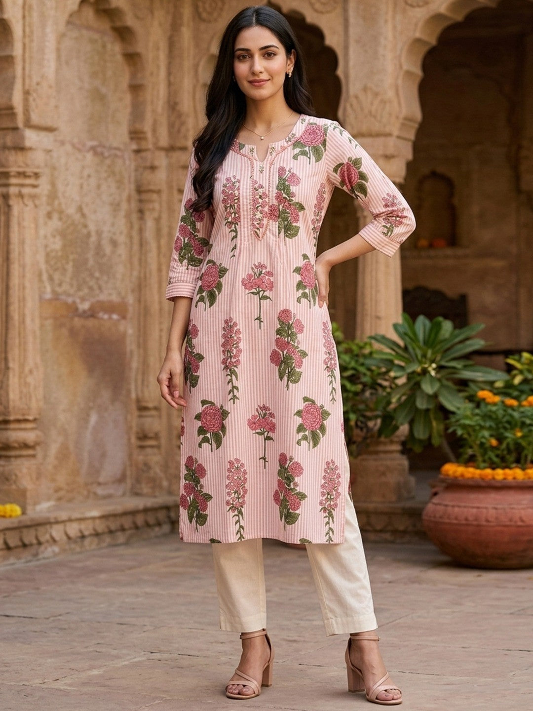 Pink Floral Print Pure Cotton Straight Cut Kurti with Comfortable Fit and Stylish Look - Image 1