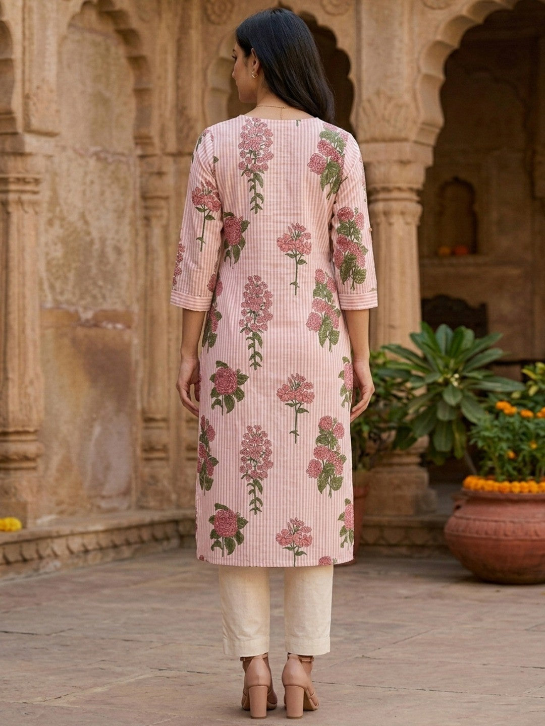Pink Floral Print Pure Cotton Straight Cut Kurti with Comfortable Fit and Stylish Look - Image 3