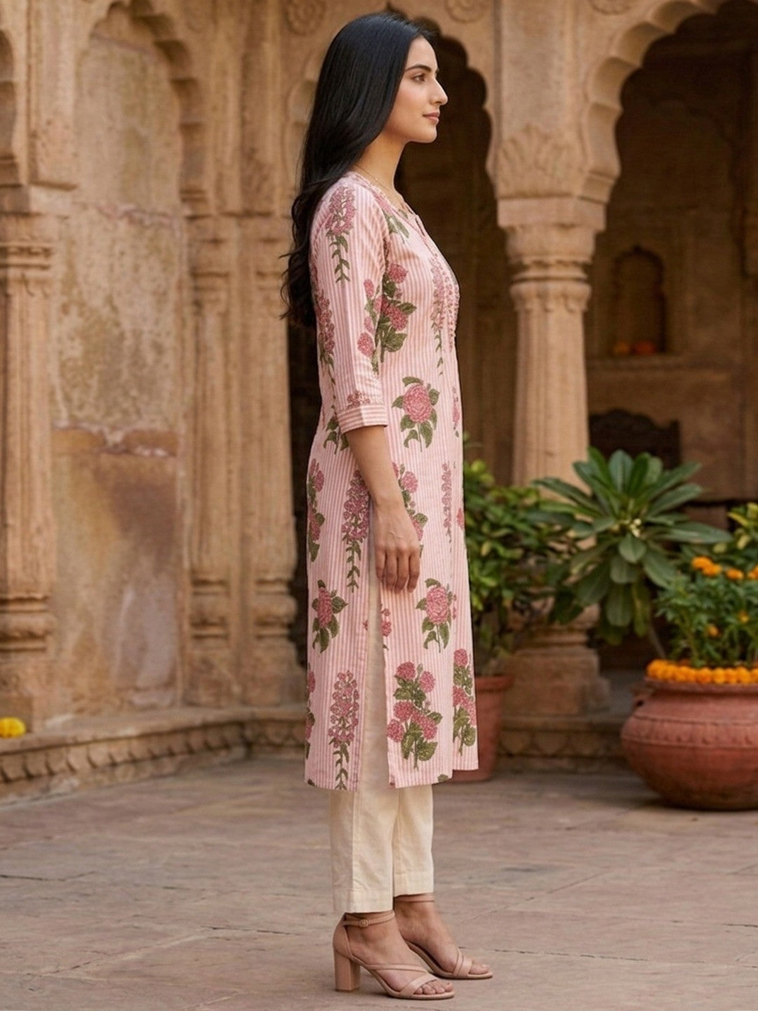Pink Floral Print Pure Cotton Straight Cut Kurti with Comfortable Fit and Stylish Look - Image 3