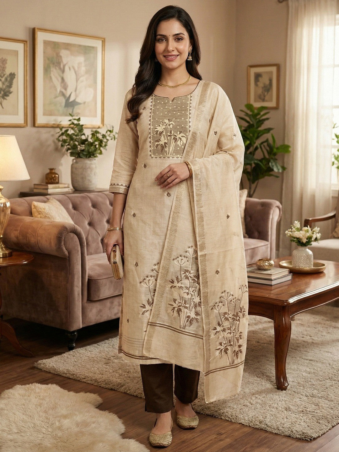 Elegant Beige & Brown Floral Zari Weaving Chanderi Silk Dress Material With Intricate Work - Image 2