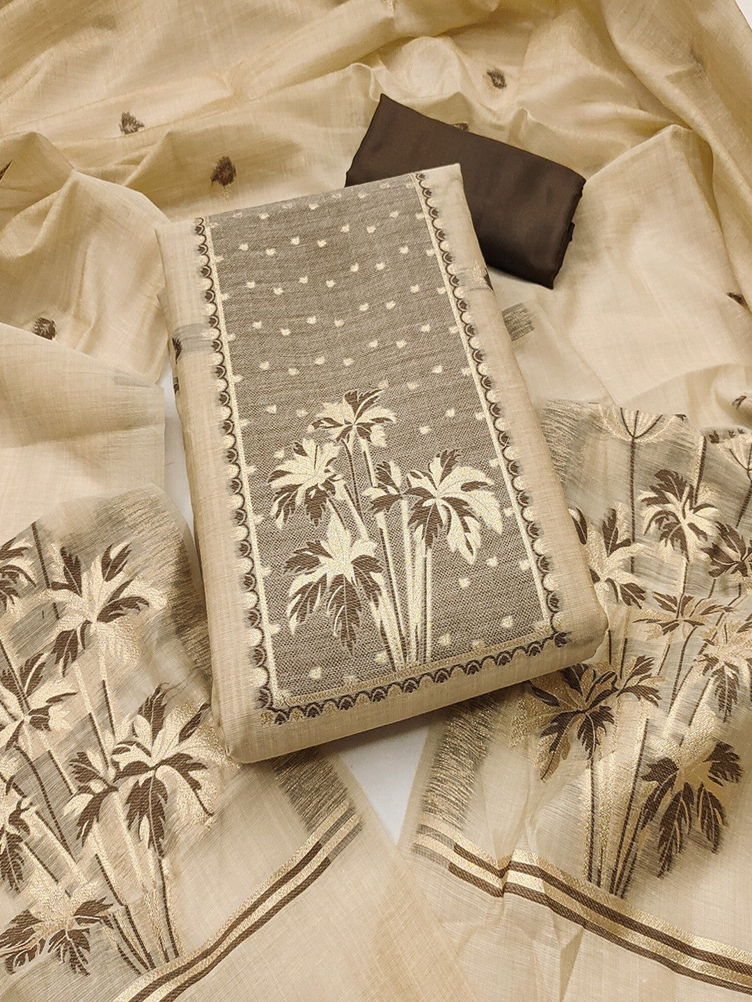 Elegant Beige & Brown Floral Zari Weaving Chanderi Silk Dress Material With Intricate Work - Image 4