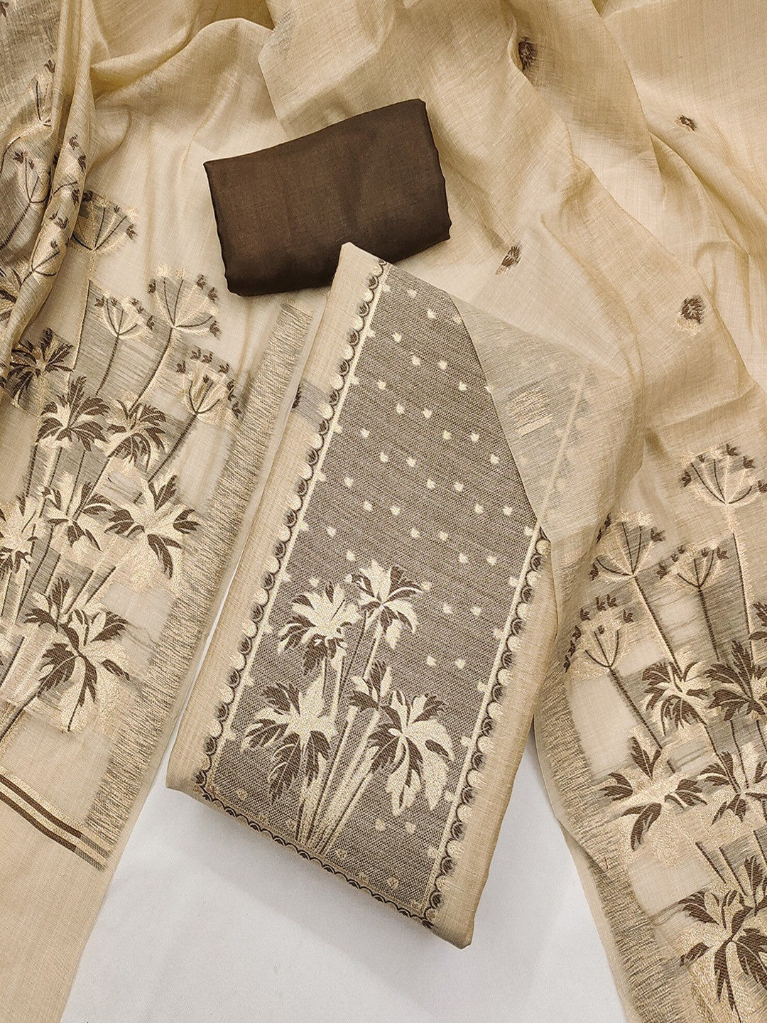 Elegant Beige & Brown Floral Zari Weaving Chanderi Silk Dress Material With Intricate Work - Image 1