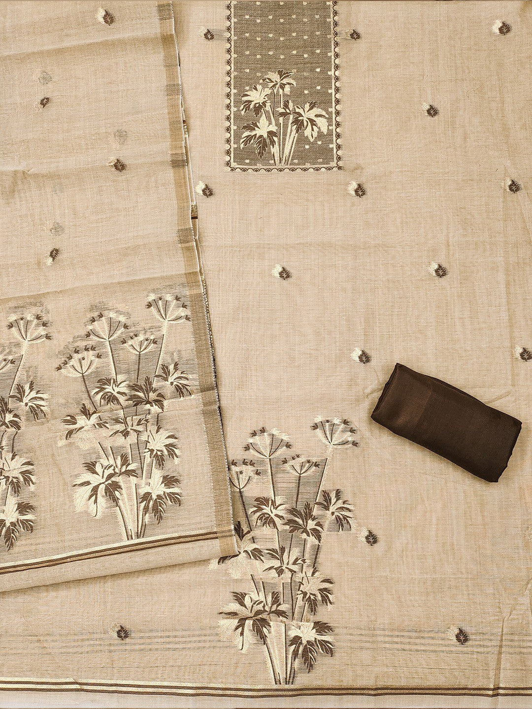 Elegant Beige & Brown Floral Zari Weaving Chanderi Silk Dress Material With Intricate Work - Image 3