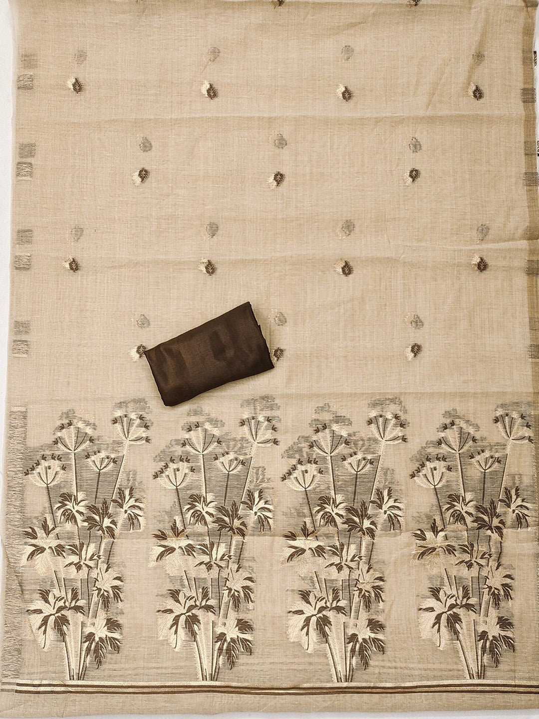 Elegant Beige & Brown Floral Zari Weaving Chanderi Silk Dress Material With Intricate Work - Image 5