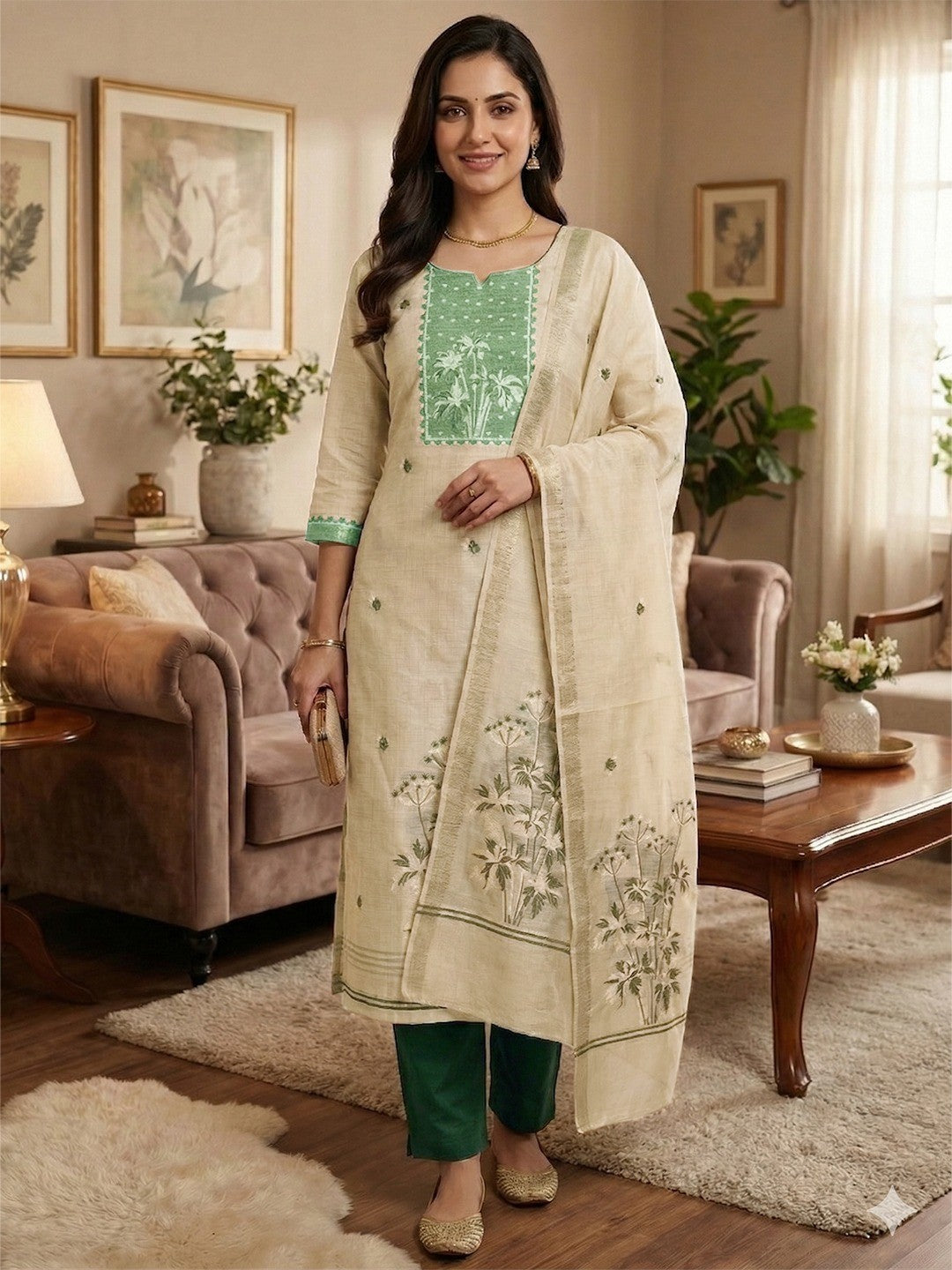 Elegant Beige & Green Floral Zari Weaving Chanderi Silk Dress Material With Intricate Work - Image 2