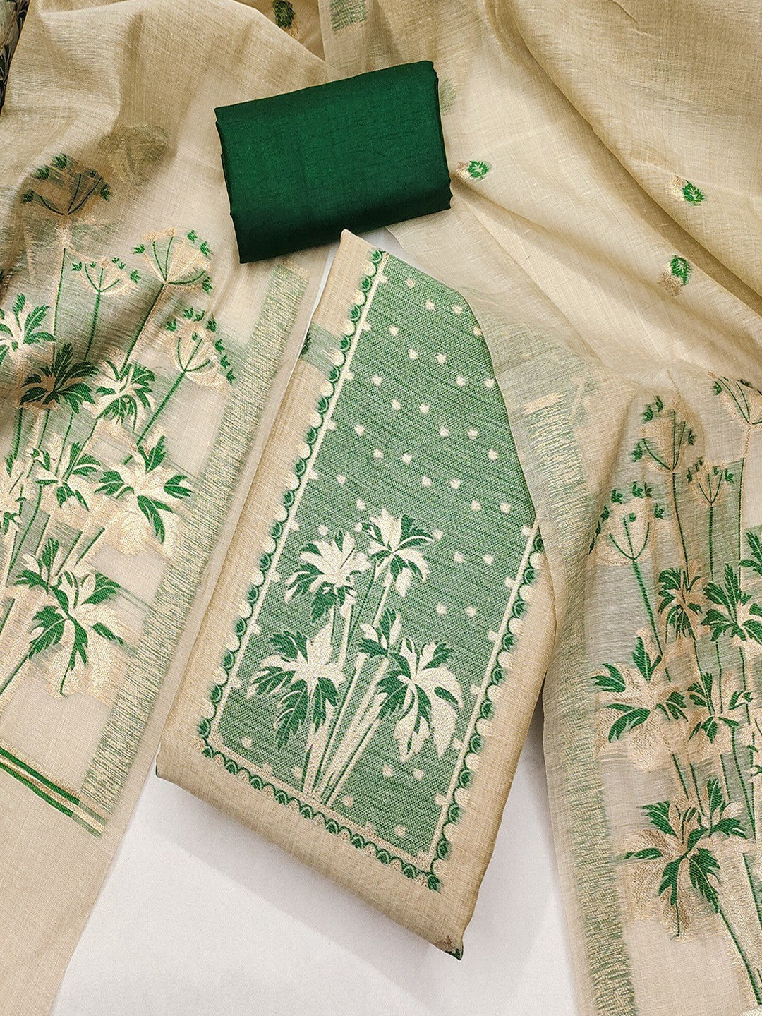 Elegant Beige & Green Floral Zari Weaving Chanderi Silk Dress Material With Intricate Work - Image 3
