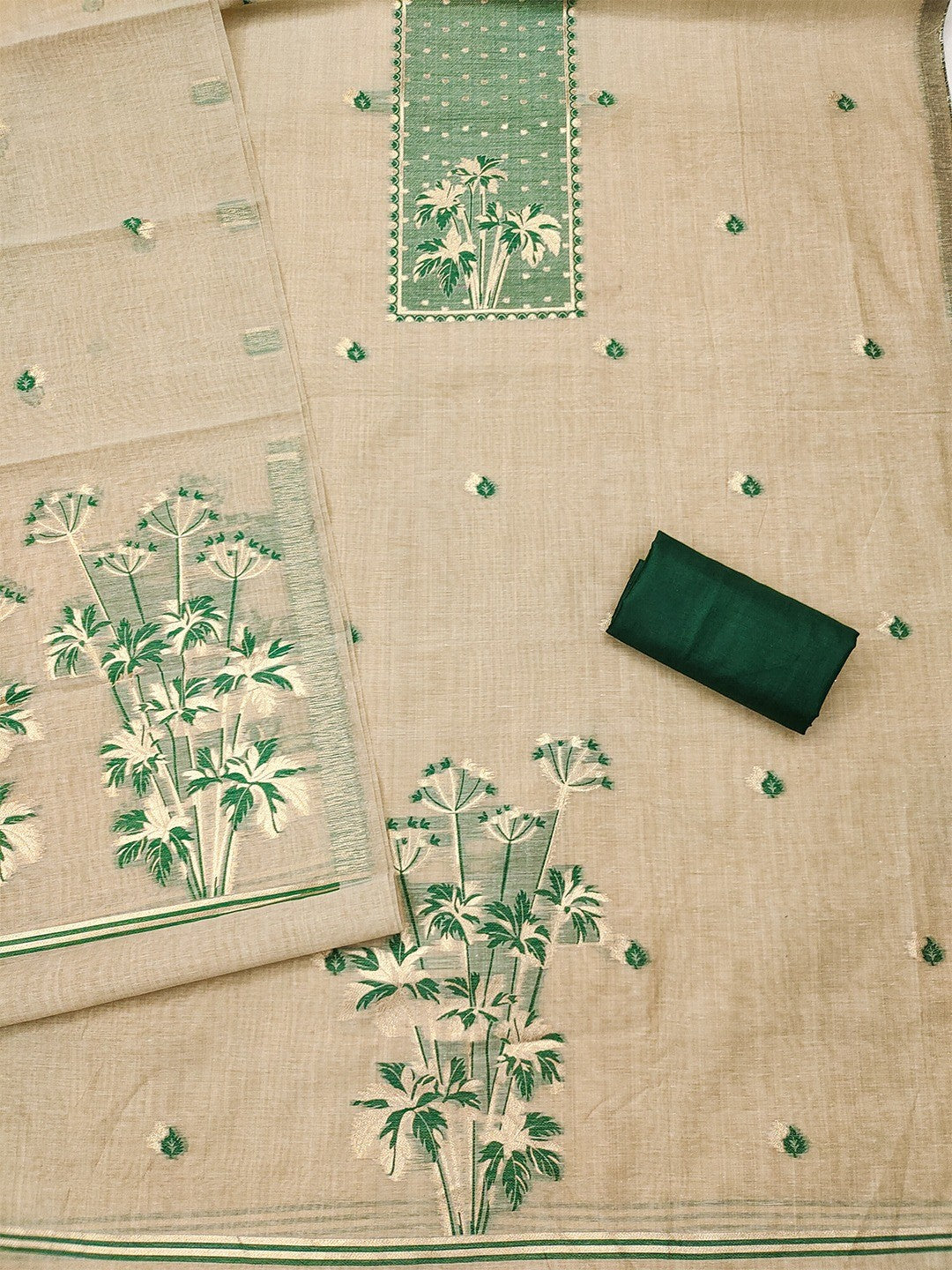 Elegant Beige & Green Floral Zari Weaving Chanderi Silk Dress Material With Intricate Work - Image 4