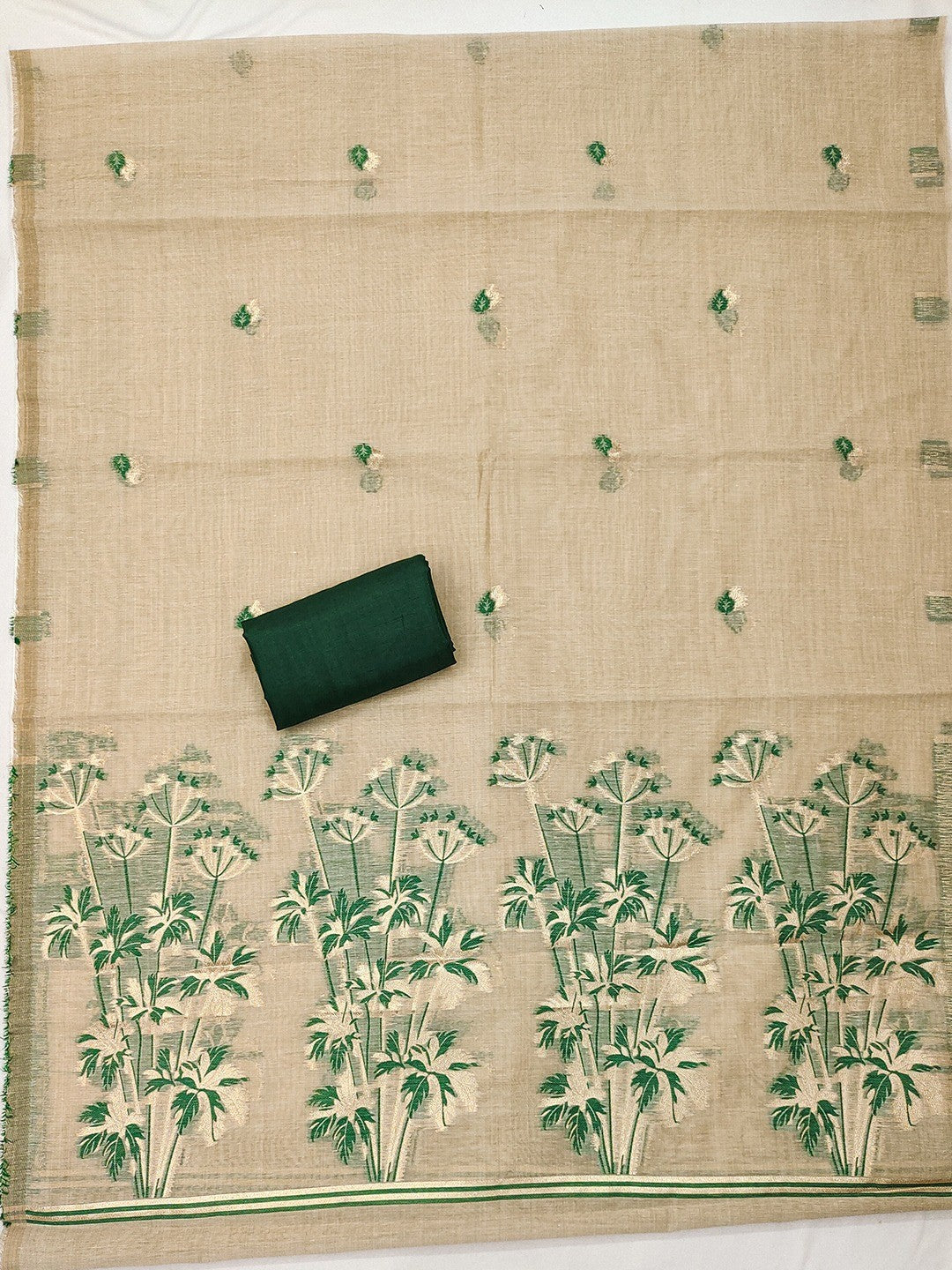 Elegant Beige & Green Floral Zari Weaving Chanderi Silk Dress Material With Intricate Work - Image 5