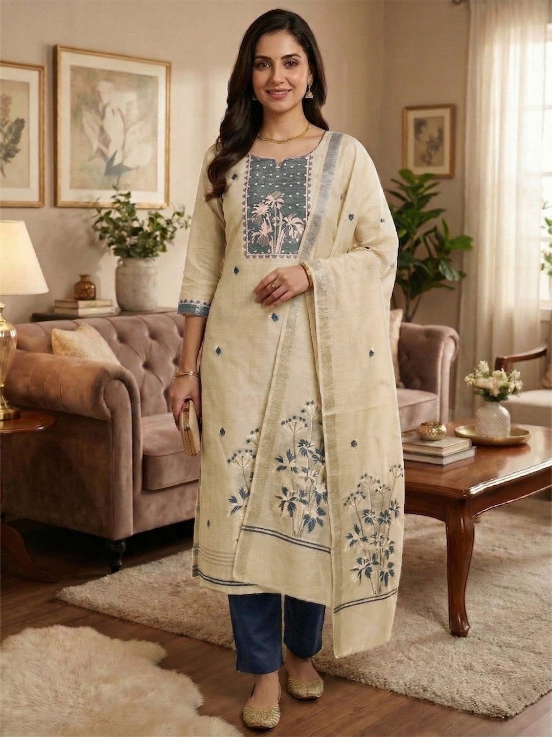 Elegant Beige & Navy Blue Floral Zari Weaving Chanderi Silk Dress Material With Intricate Work - Image 2