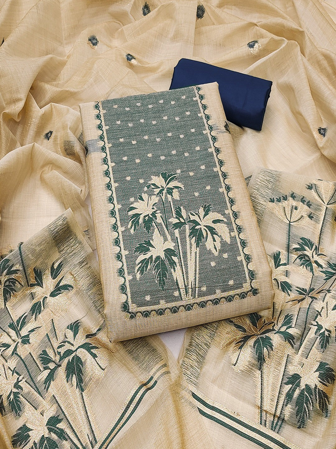 Elegant Beige & Navy Blue Floral Zari Weaving Chanderi Silk Dress Material With Intricate Work - Image 1
