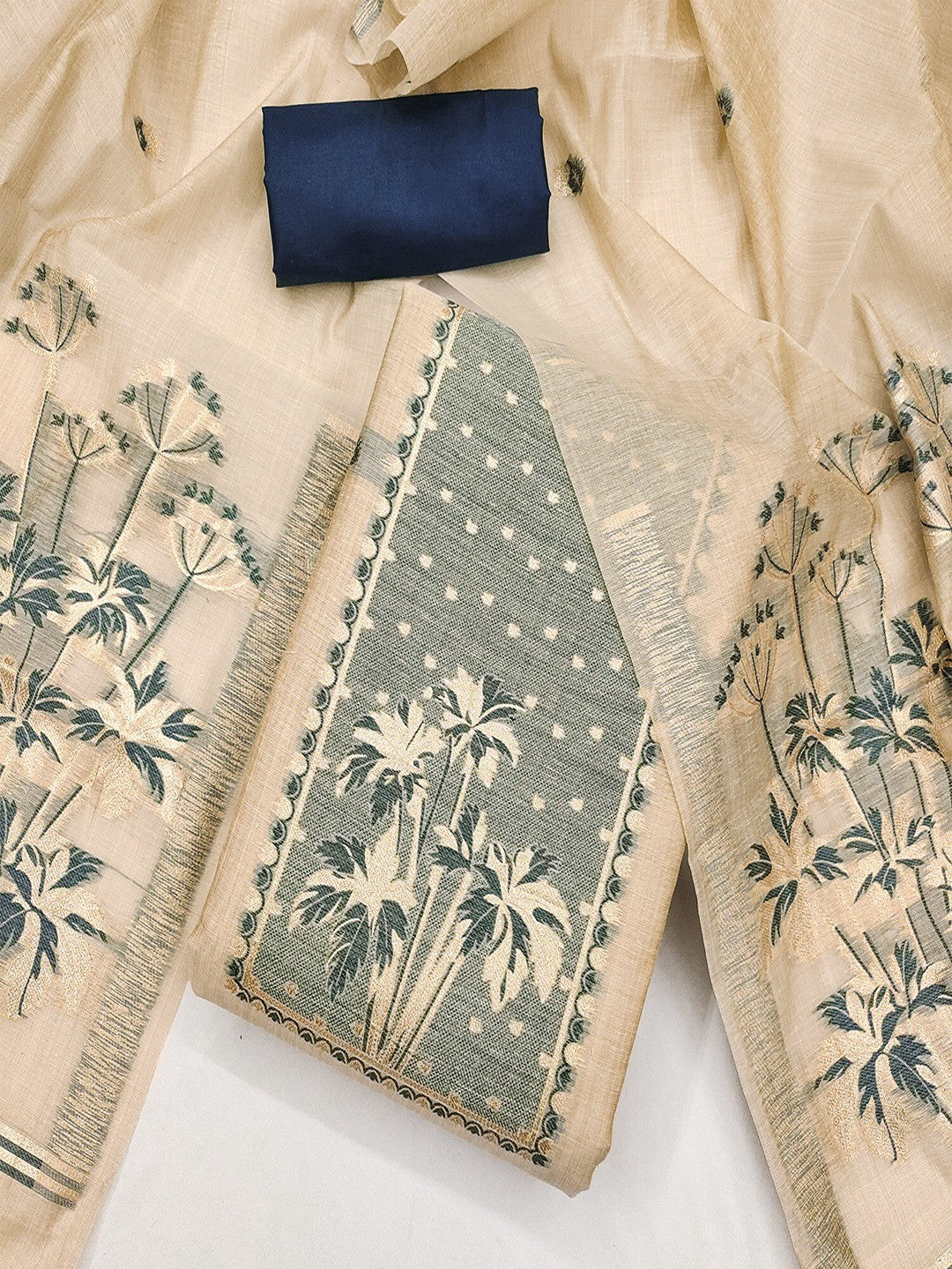 Elegant Beige & Navy Blue Floral Zari Weaving Chanderi Silk Dress Material With Intricate Work - Image 3
