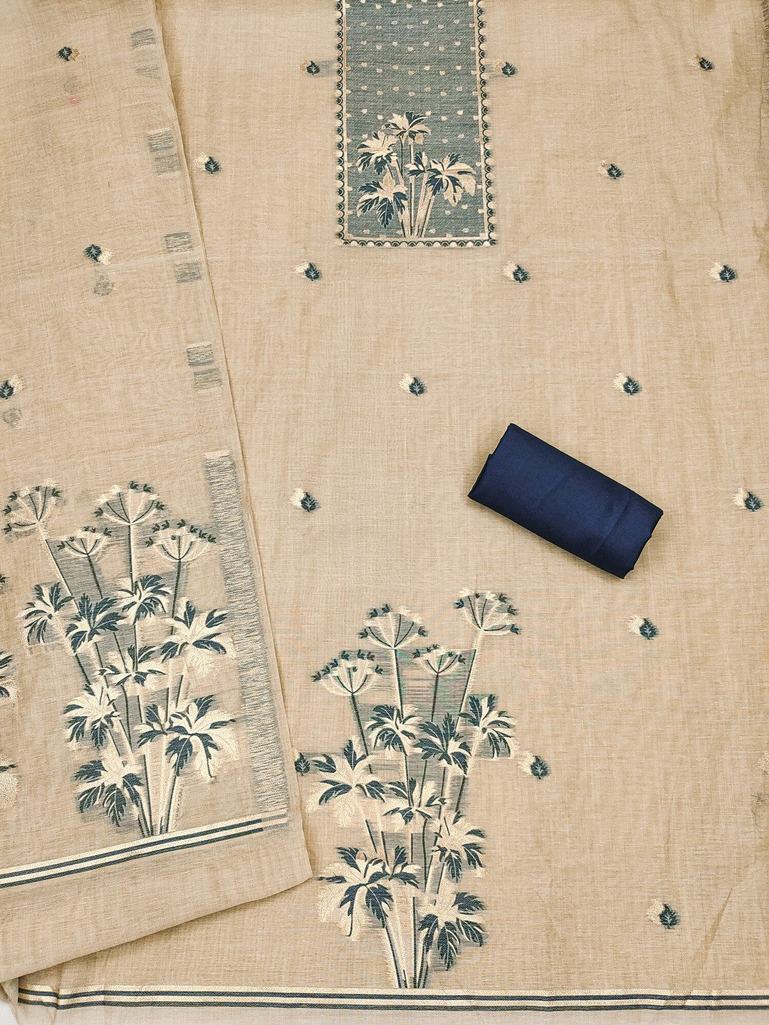 Elegant Beige & Navy Blue Floral Zari Weaving Chanderi Silk Dress Material With Intricate Work - Image 4