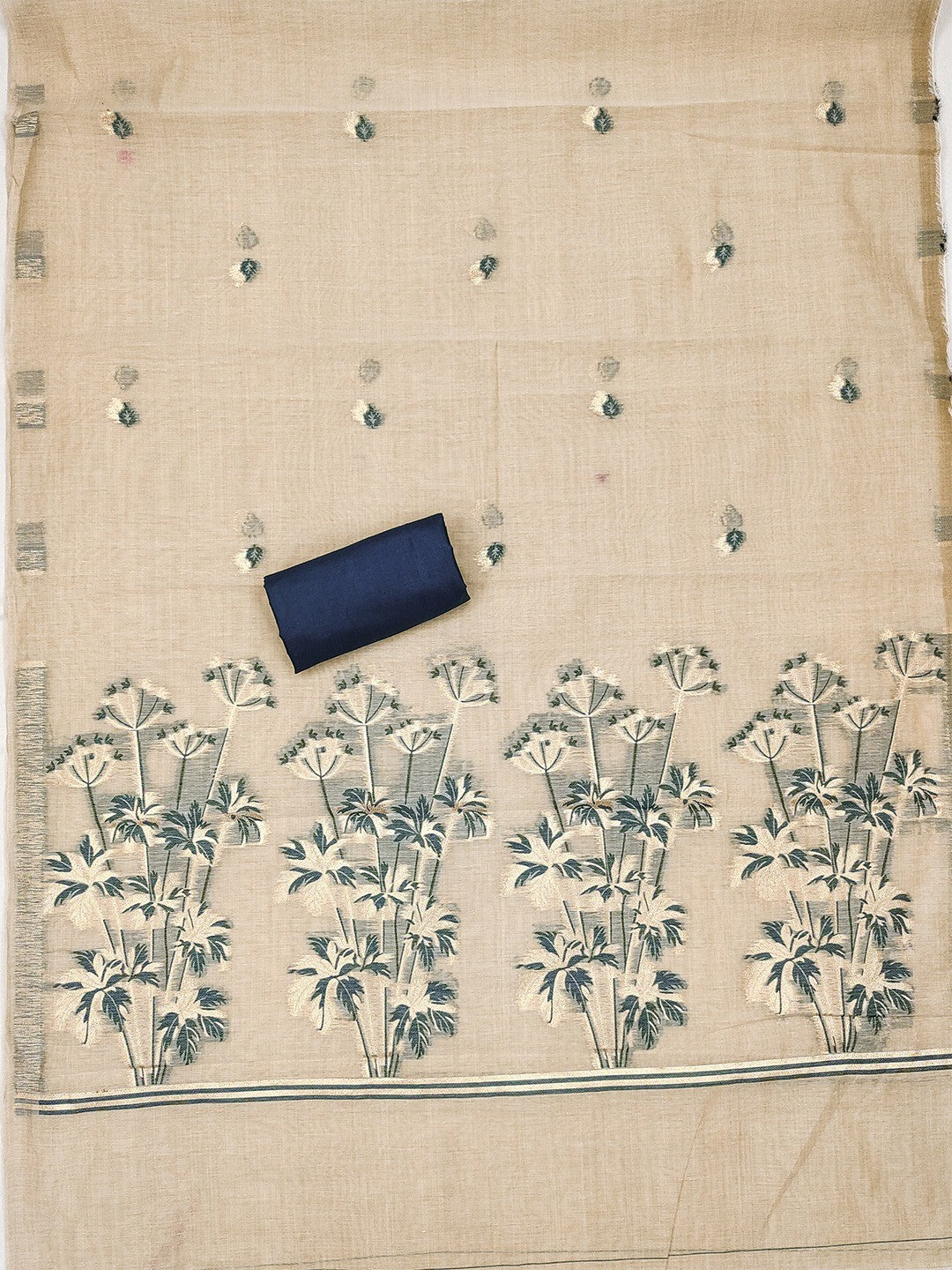 Elegant Beige & Navy Blue Floral Zari Weaving Chanderi Silk Dress Material With Intricate Work - Image 5