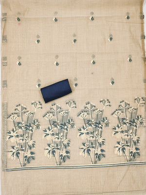 Elegant Beige & Navy Blue Floral Zari Weaving Chanderi Silk Dress Material With Intricate Work - Image 2