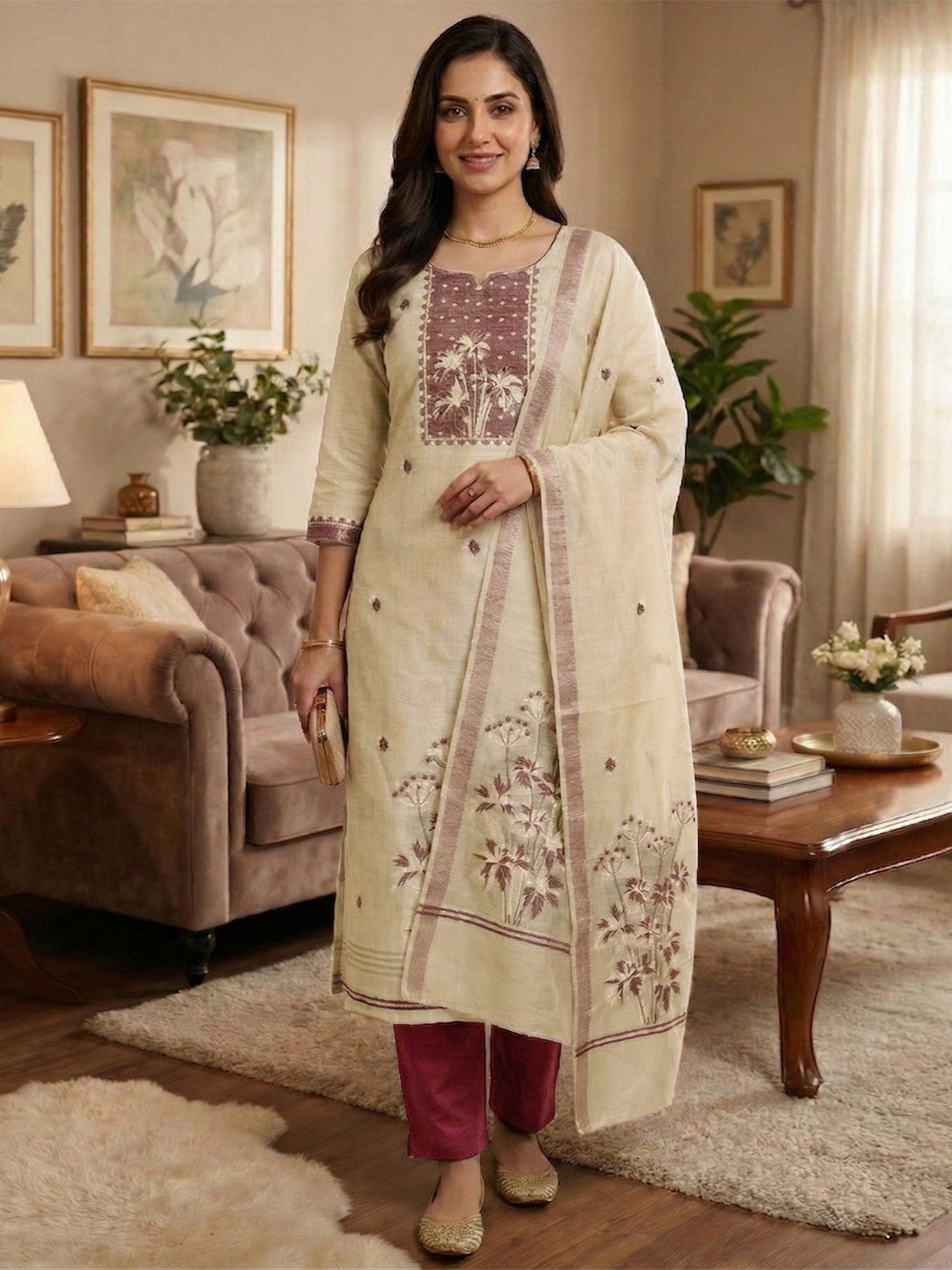 Elegant Beige & Wine Floral Zari Weaving Chanderi Silk Dress Material With Intricate Work - Image 2