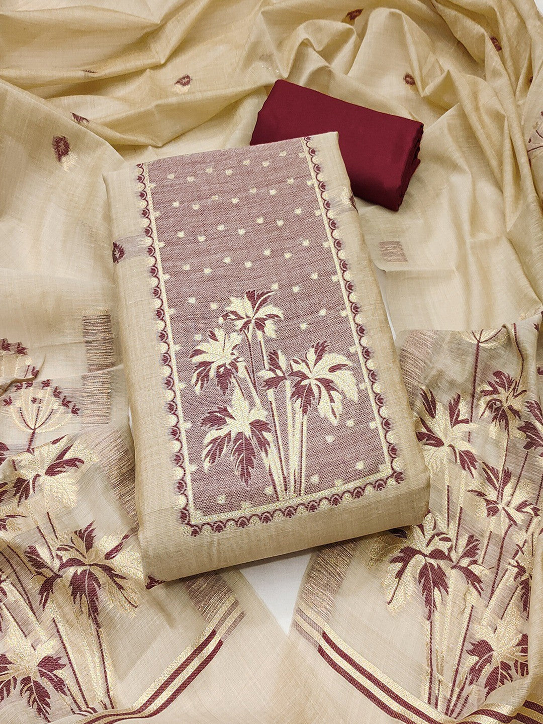 Elegant Beige & Wine Floral Zari Weaving Chanderi Silk Dress Material With Intricate Work - Image 1