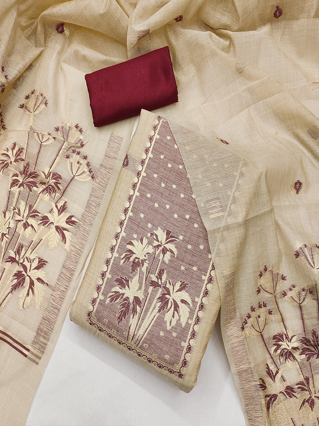 Elegant Beige & Wine Floral Zari Weaving Chanderi Silk Dress Material With Intricate Work - Image 3