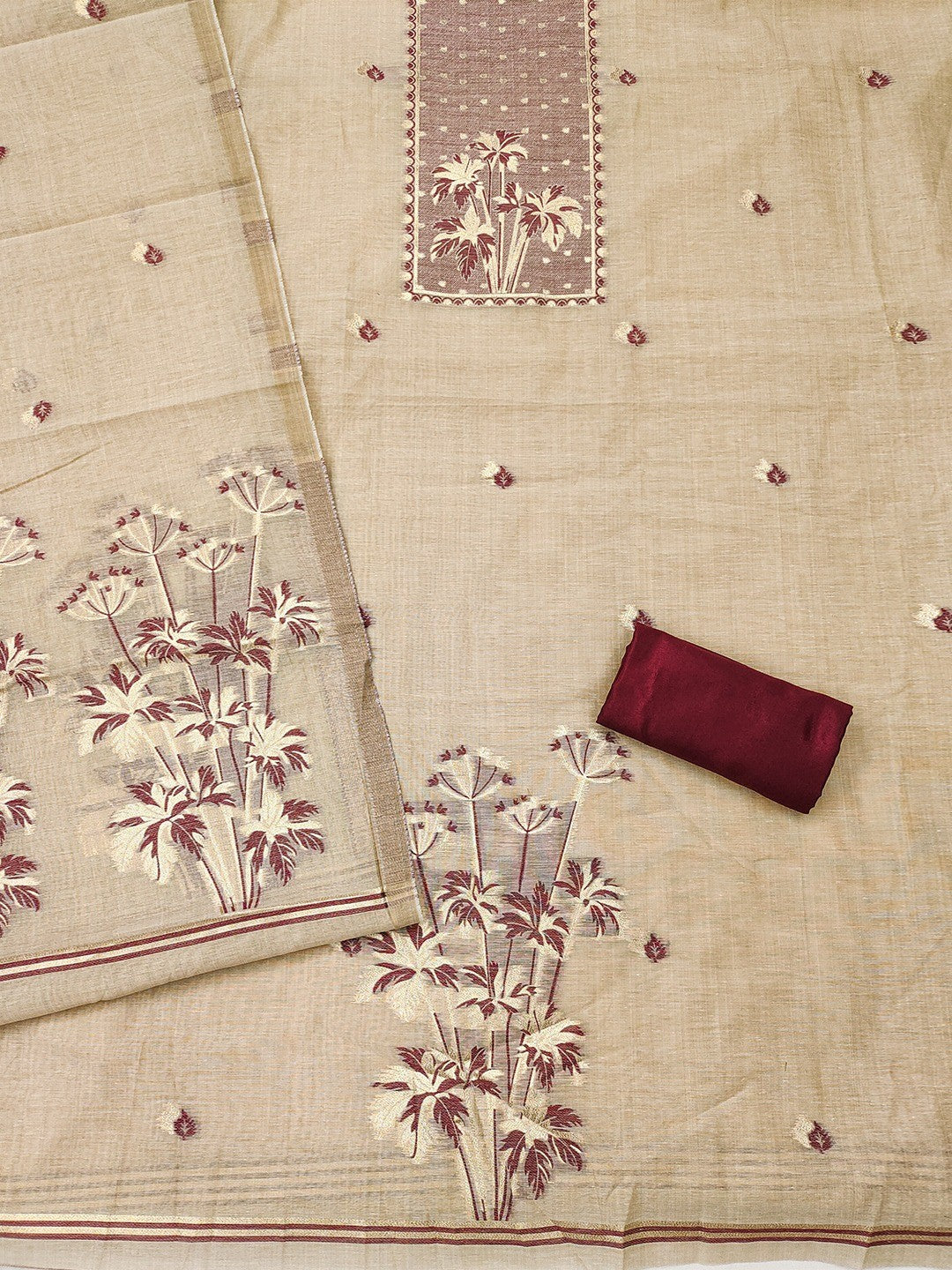 Elegant Beige & Wine Floral Zari Weaving Chanderi Silk Dress Material With Intricate Work - Image 5