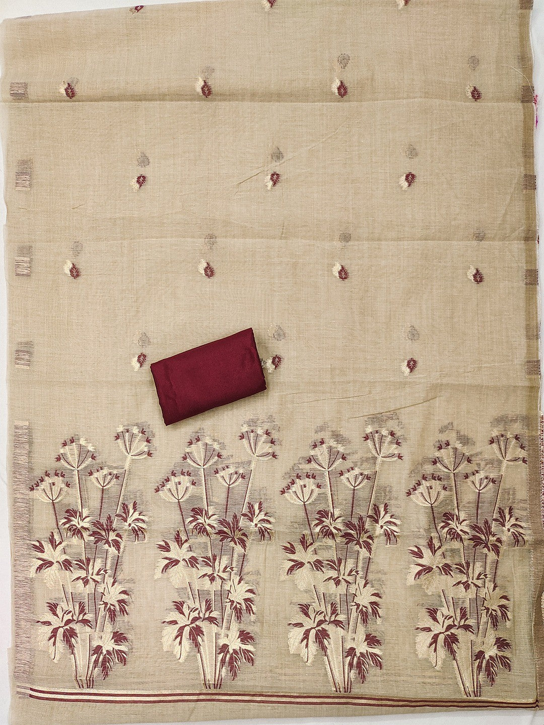 Elegant Beige & Wine Floral Zari Weaving Chanderi Silk Dress Material With Intricate Work - Image 4