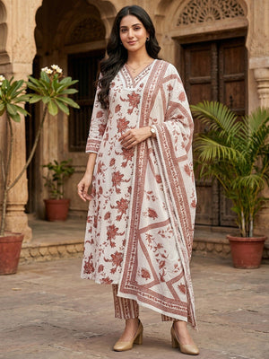Offwhite & Rust Floral Printed Cotton Blend Salwar Suit with Dupatta - Image 1
