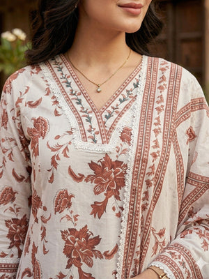 Offwhite & Rust Floral Printed Cotton Blend Salwar Suit with Dupatta - Image 2