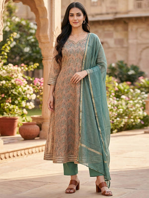 Peach Kota Doria Printed with Yoke Embellishment Salwar Suit Set with Dupatta - Image 1