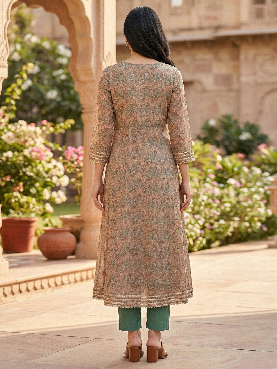 Peach Kota Doria Printed with Yoke Embellishment Salwar Suit Set with Dupatta - Image 3