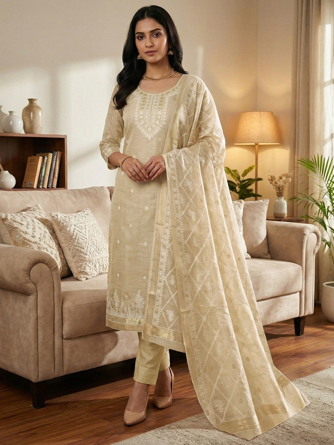 Premium Cream Floral Weaving Chanderi Silk Dress Material With Intricate Zari Work - Image 2