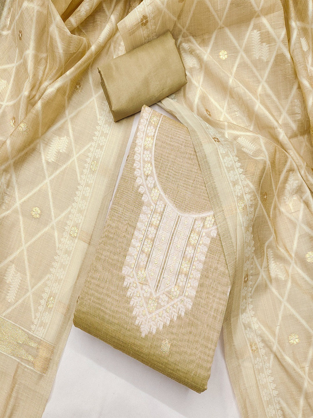 Premium Cream Floral Weaving Chanderi Silk Dress Material With Intricate Zari Work - Image 3