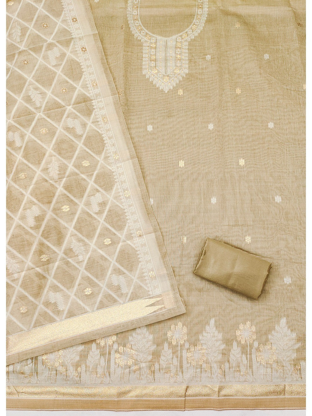 Premium Cream Floral Weaving Chanderi Silk Dress Material With Intricate Zari Work - Image 5