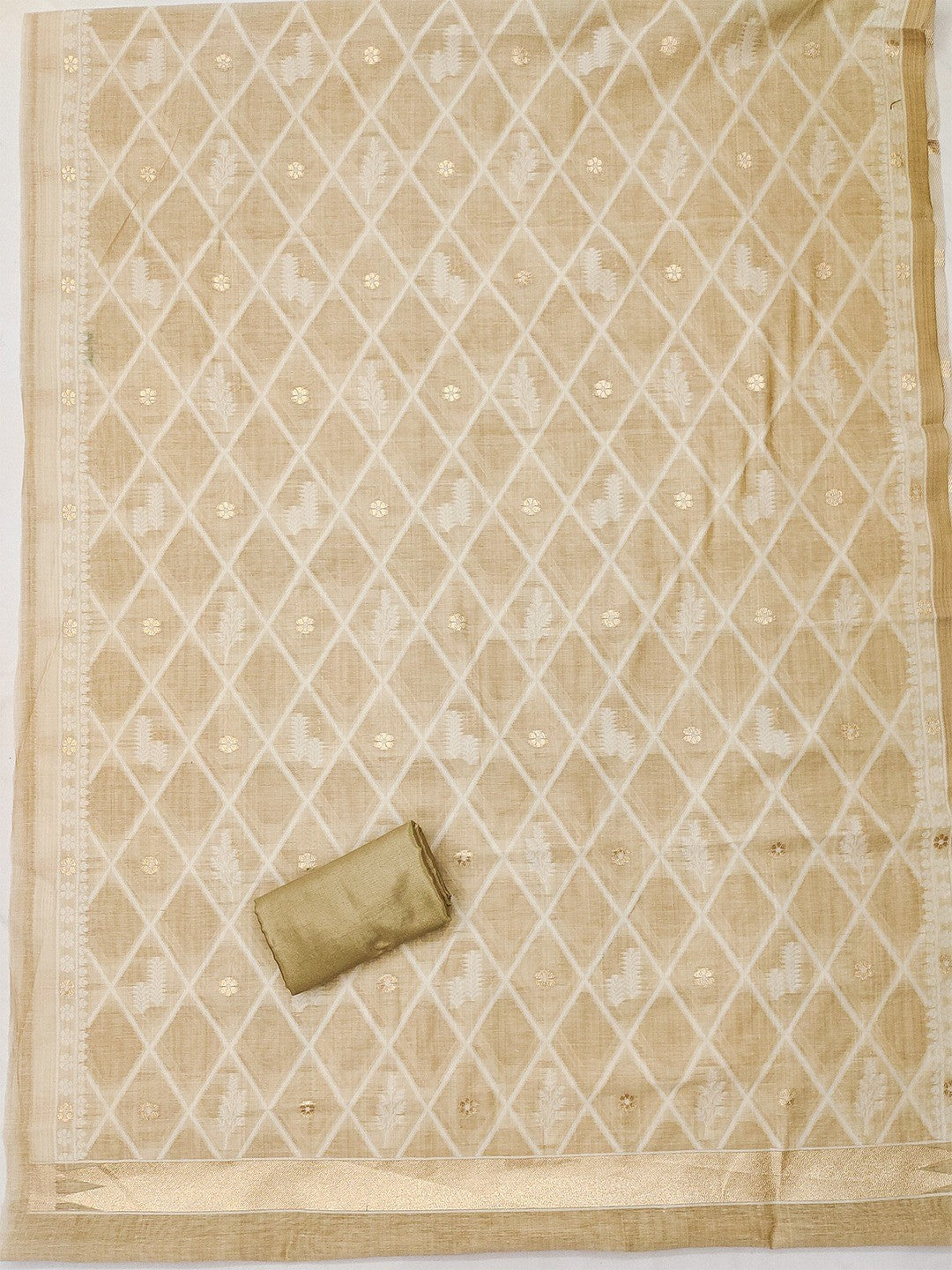 Premium Cream Floral Weaving Chanderi Silk Dress Material With Intricate Zari Work - Image 4