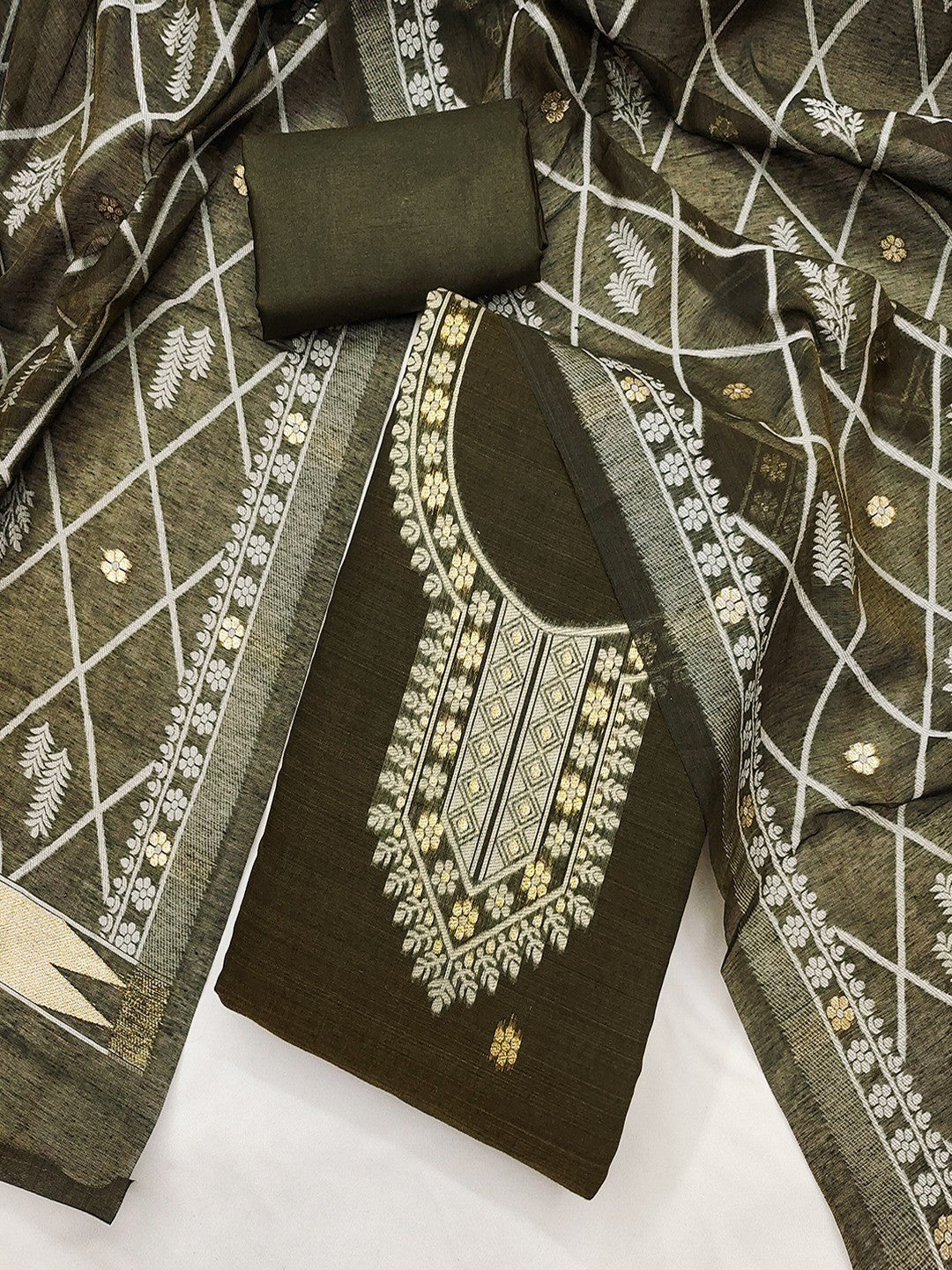 Premium Mehendi Green Floral Weaving Chanderi Silk Dress Material With Intricate Zari Work - Image 1