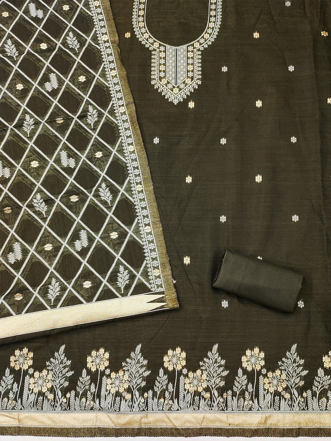 Premium Mehendi Green Floral Weaving Chanderi Silk Dress Material With Intricate Zari Work - Image 3
