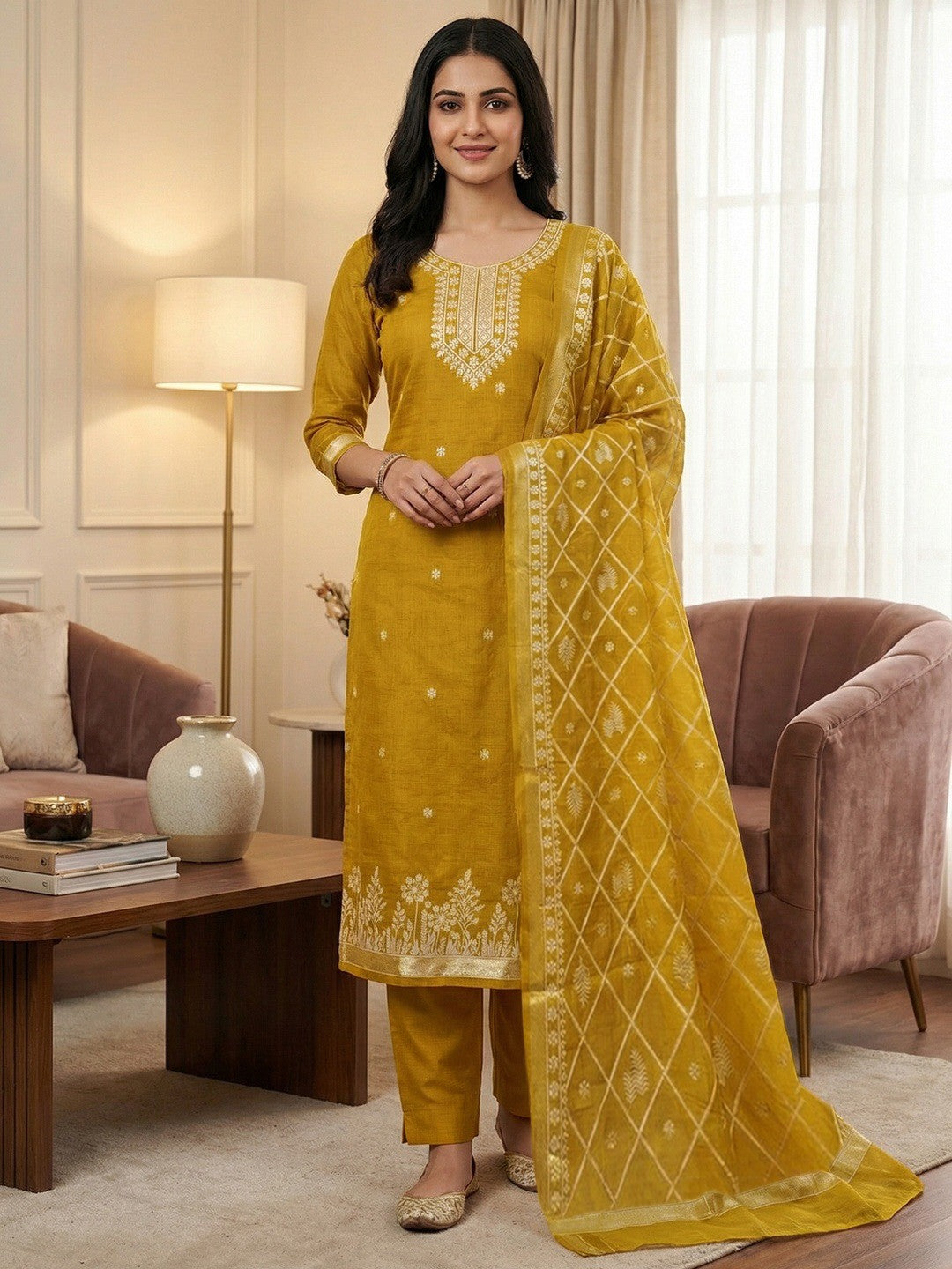 Premium Mustard Floral Weaving Chanderi Silk Dress Material With Intricate Zari Work - Image 2