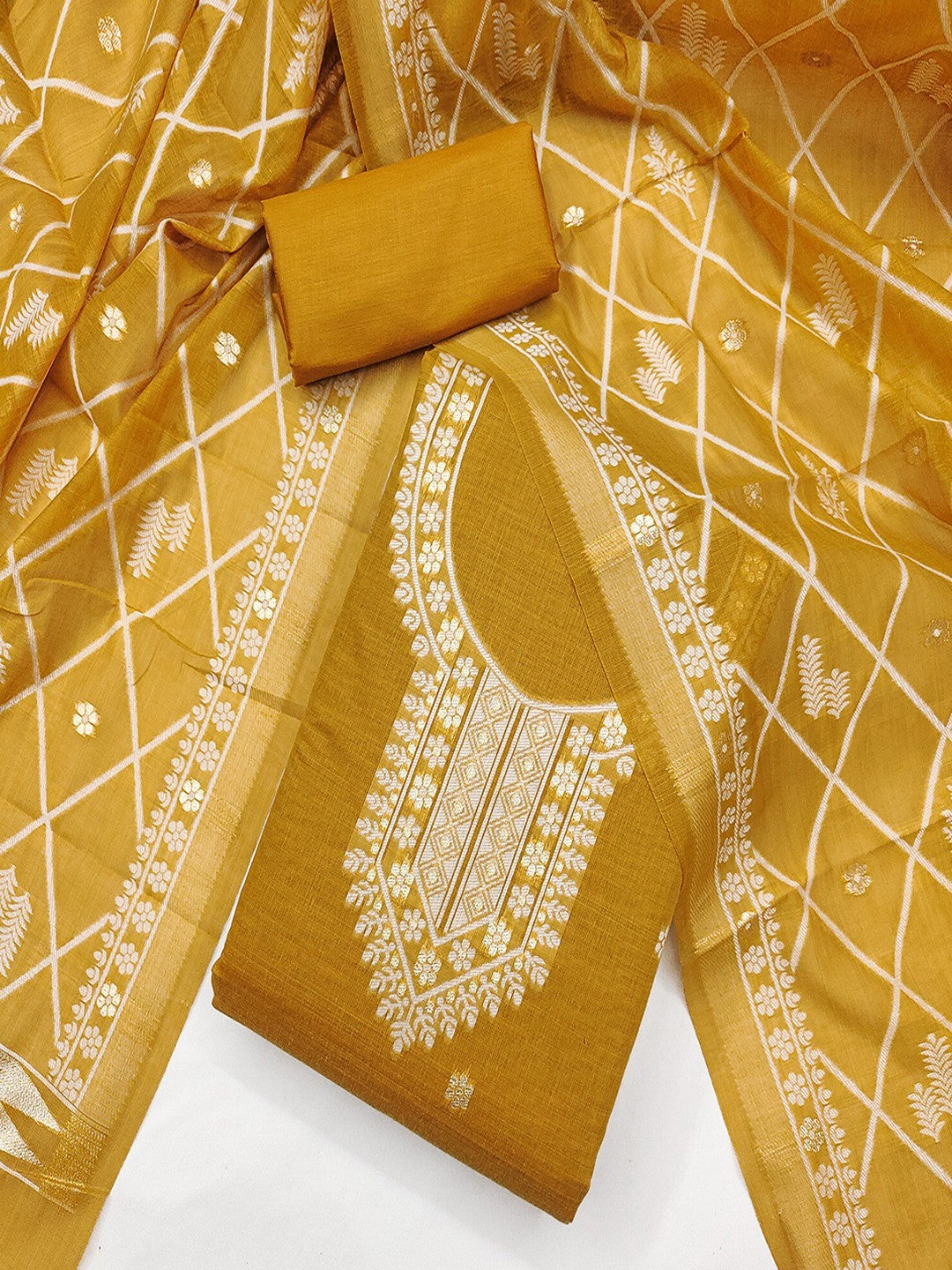 Premium Mustard Floral Weaving Chanderi Silk Dress Material With Intricate Zari Work - Image 4