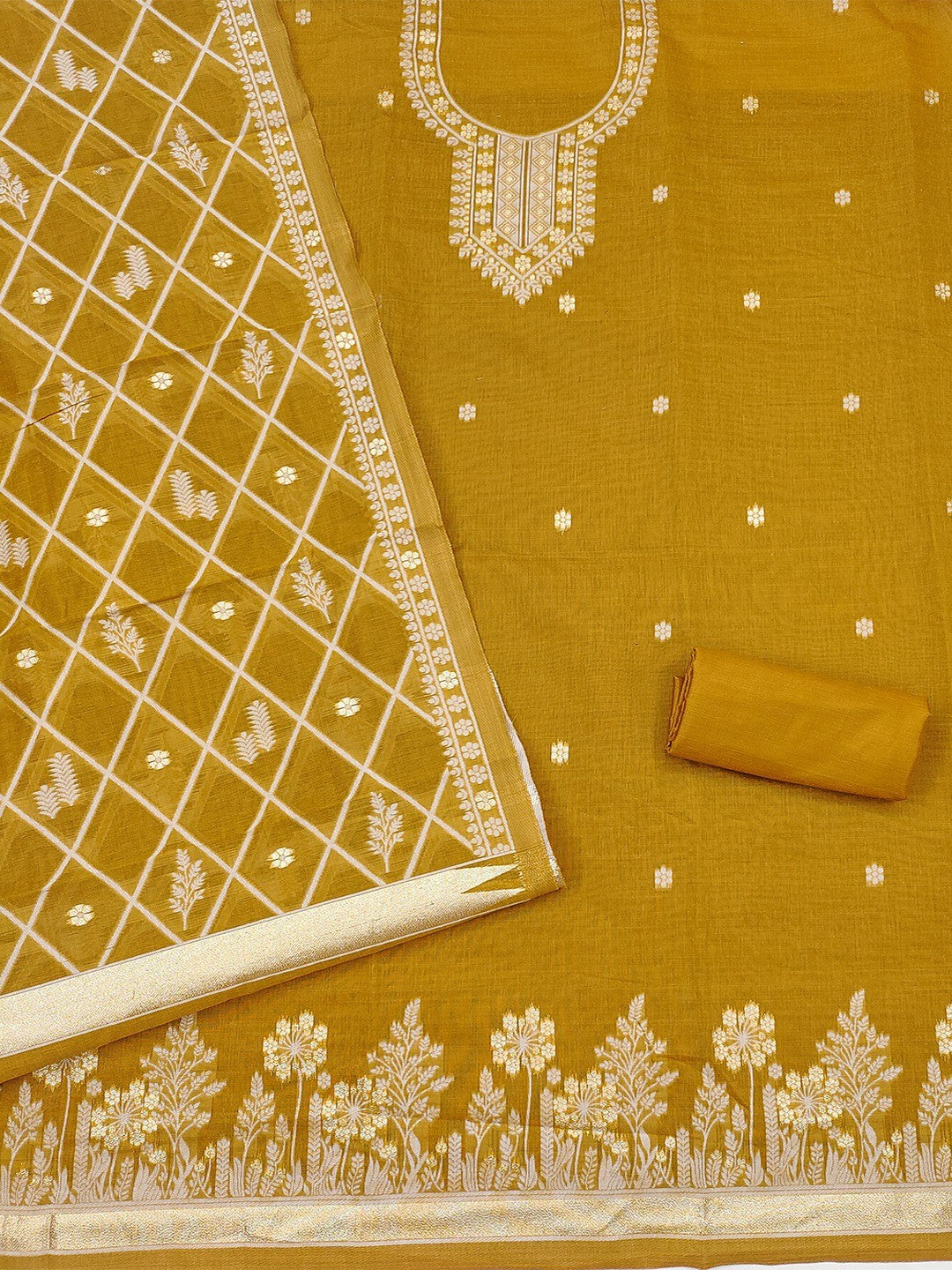 Premium Mustard Floral Weaving Chanderi Silk Dress Material With Intricate Zari Work - Image 3