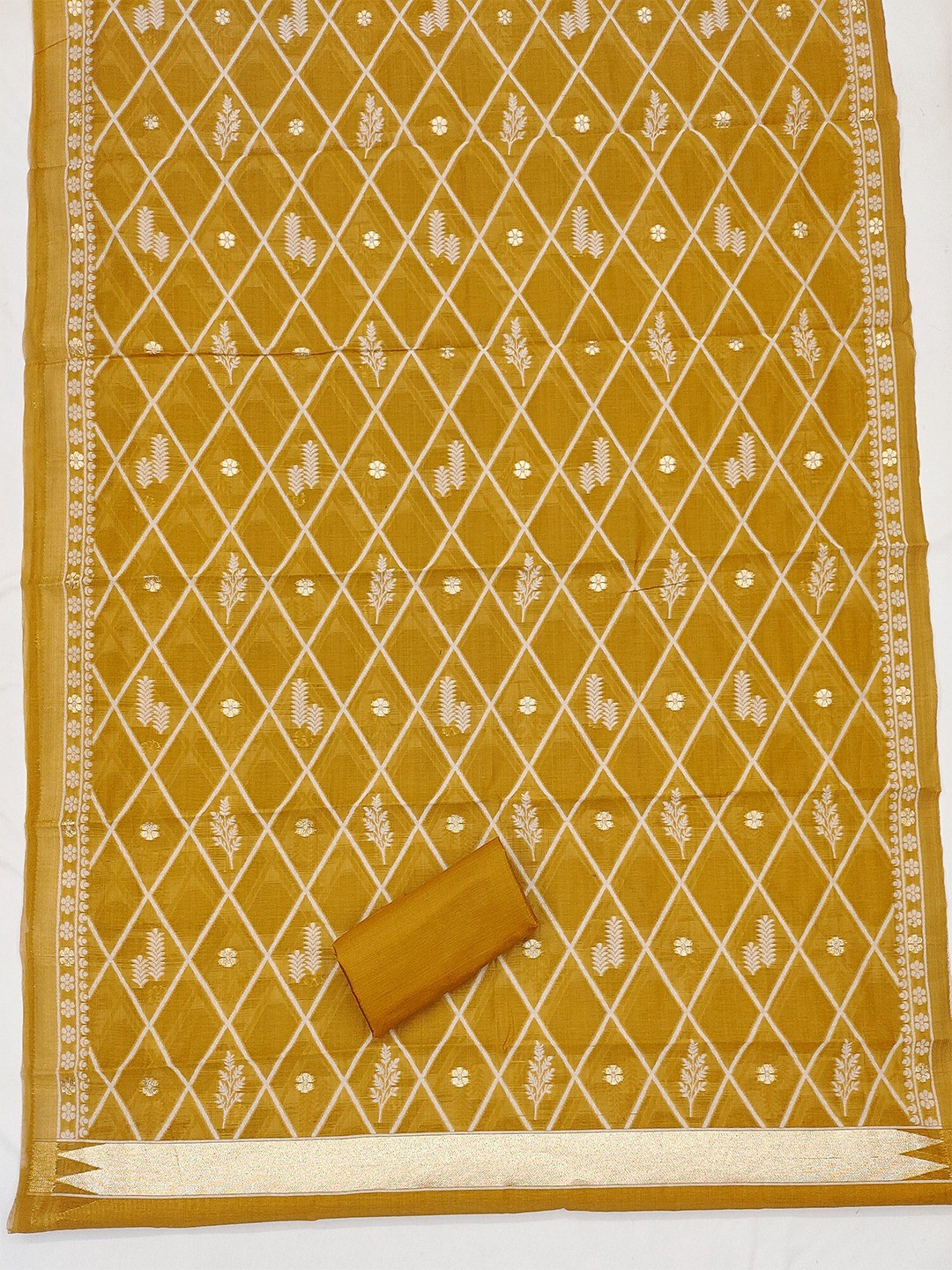 Premium Mustard Floral Weaving Chanderi Silk Dress Material With Intricate Zari Work - Image 5